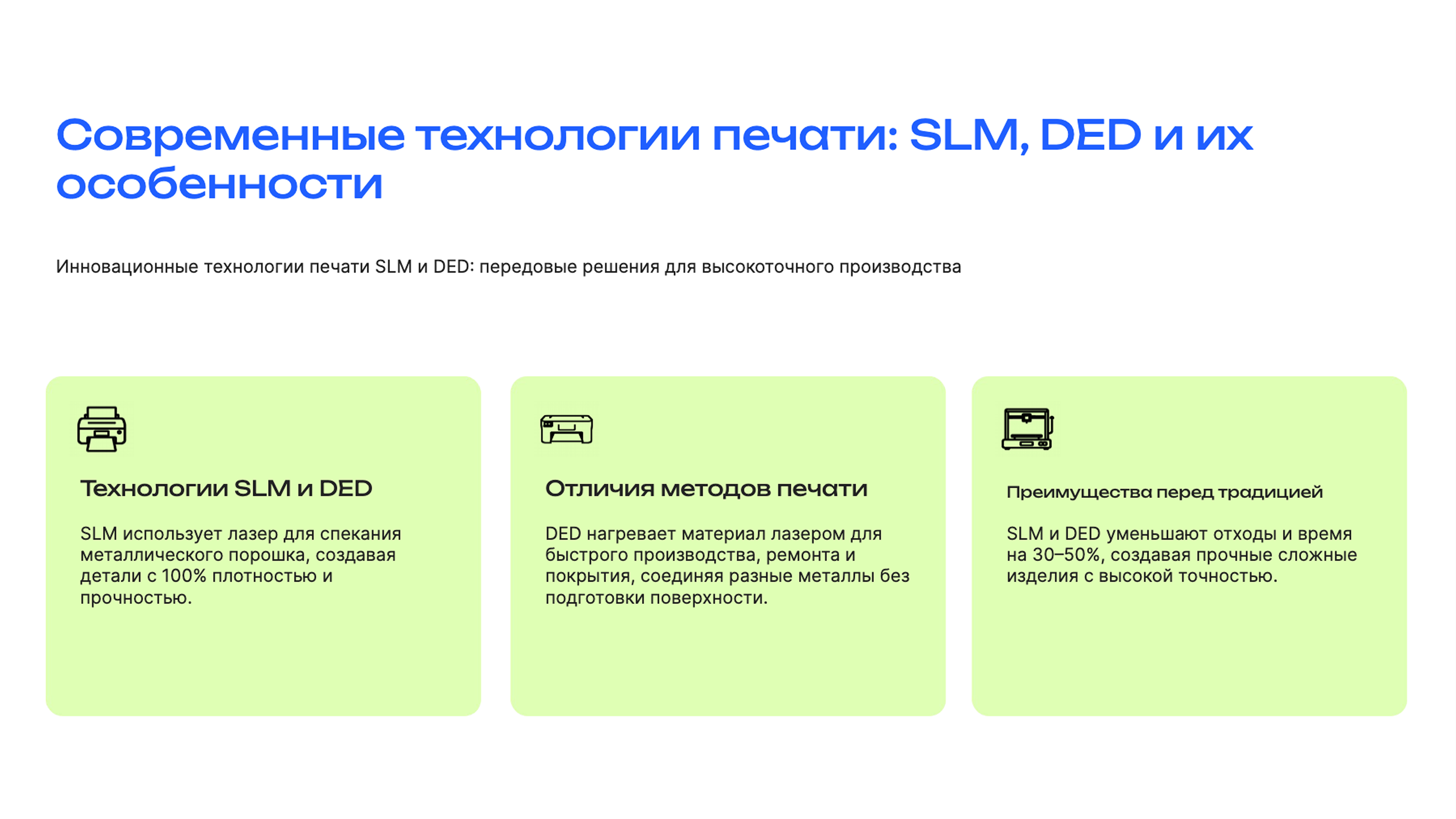 Слайд 3: Инновационные технологии печати SLM и DED: передовые решения для высокоточного производства