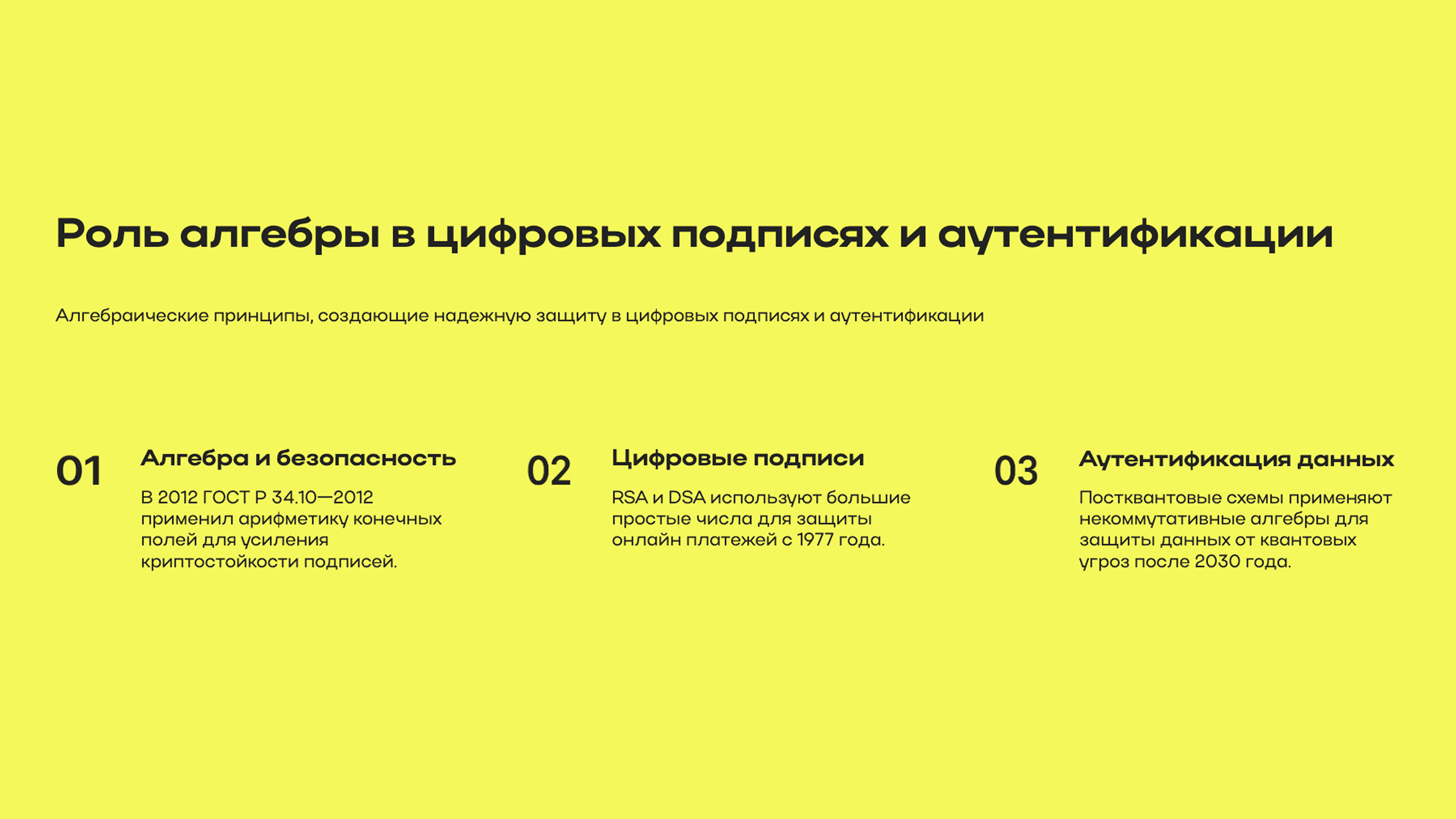 Слайд 6: Алгебраические принципы, создающие надежную защиту в цифровых подписях и аутентификации