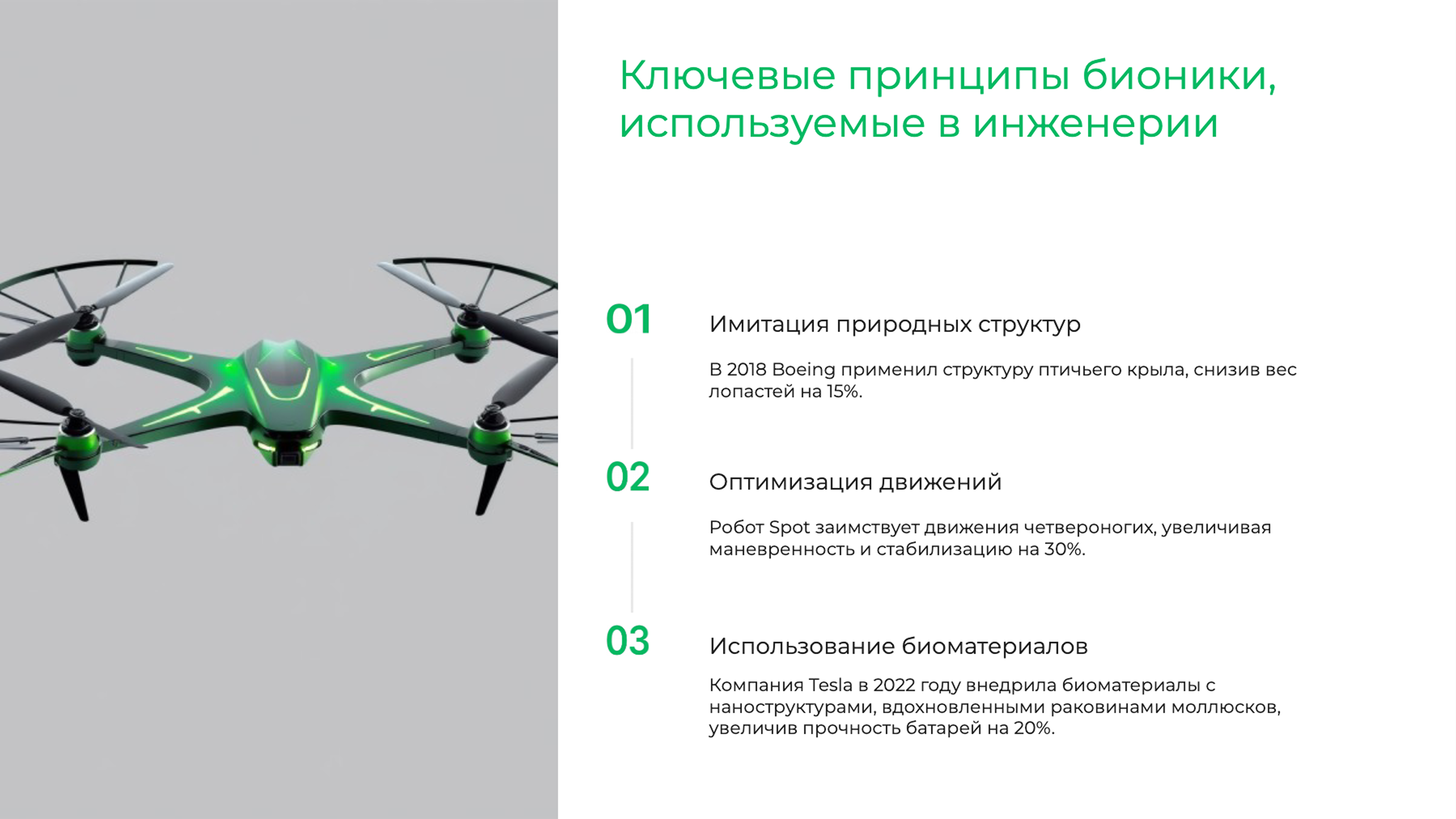 Слайд 3: Ключевые принципы бионики, используемые в инженерии