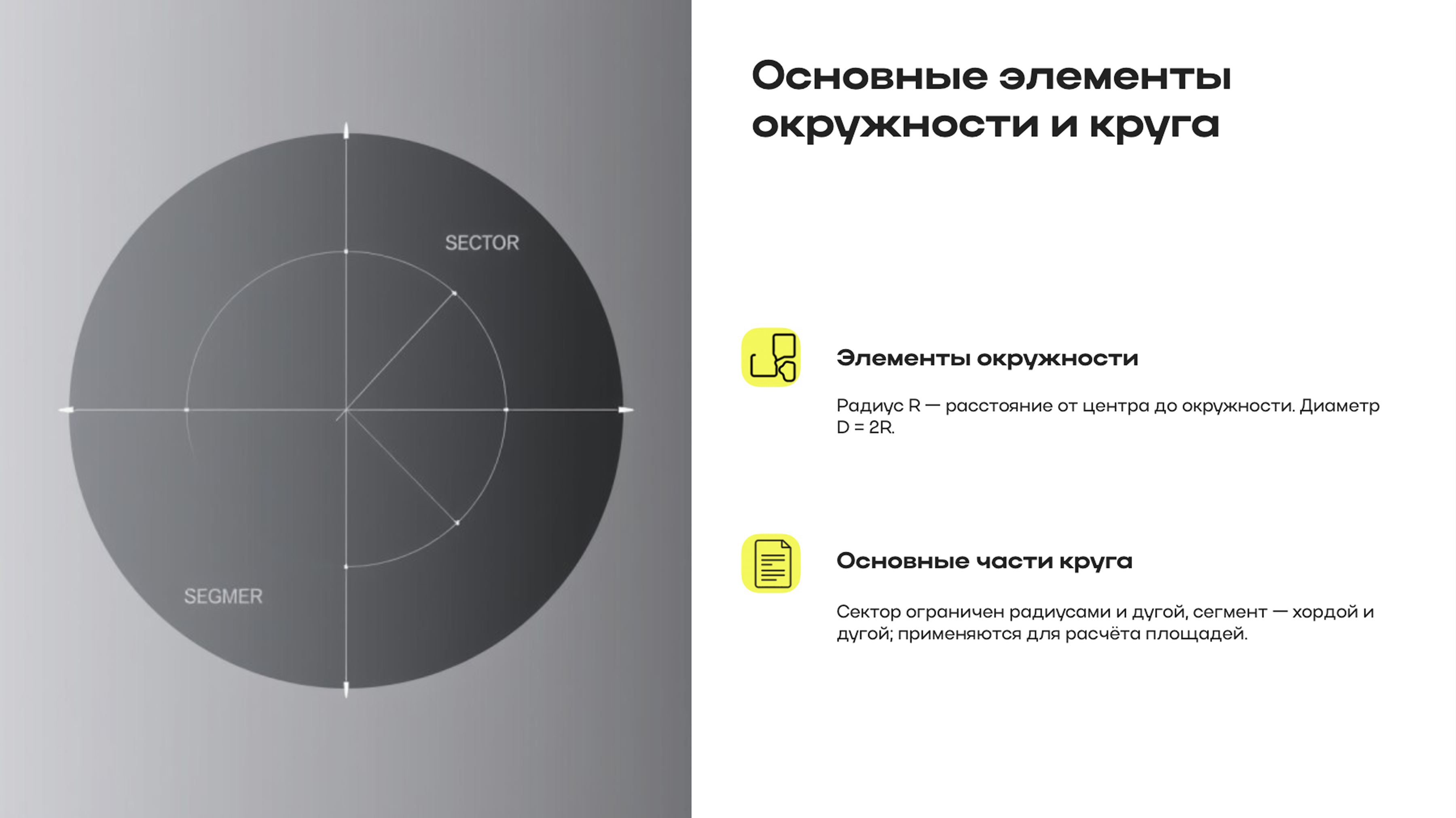 Слайд 3: Основные элементы окружности и круга
