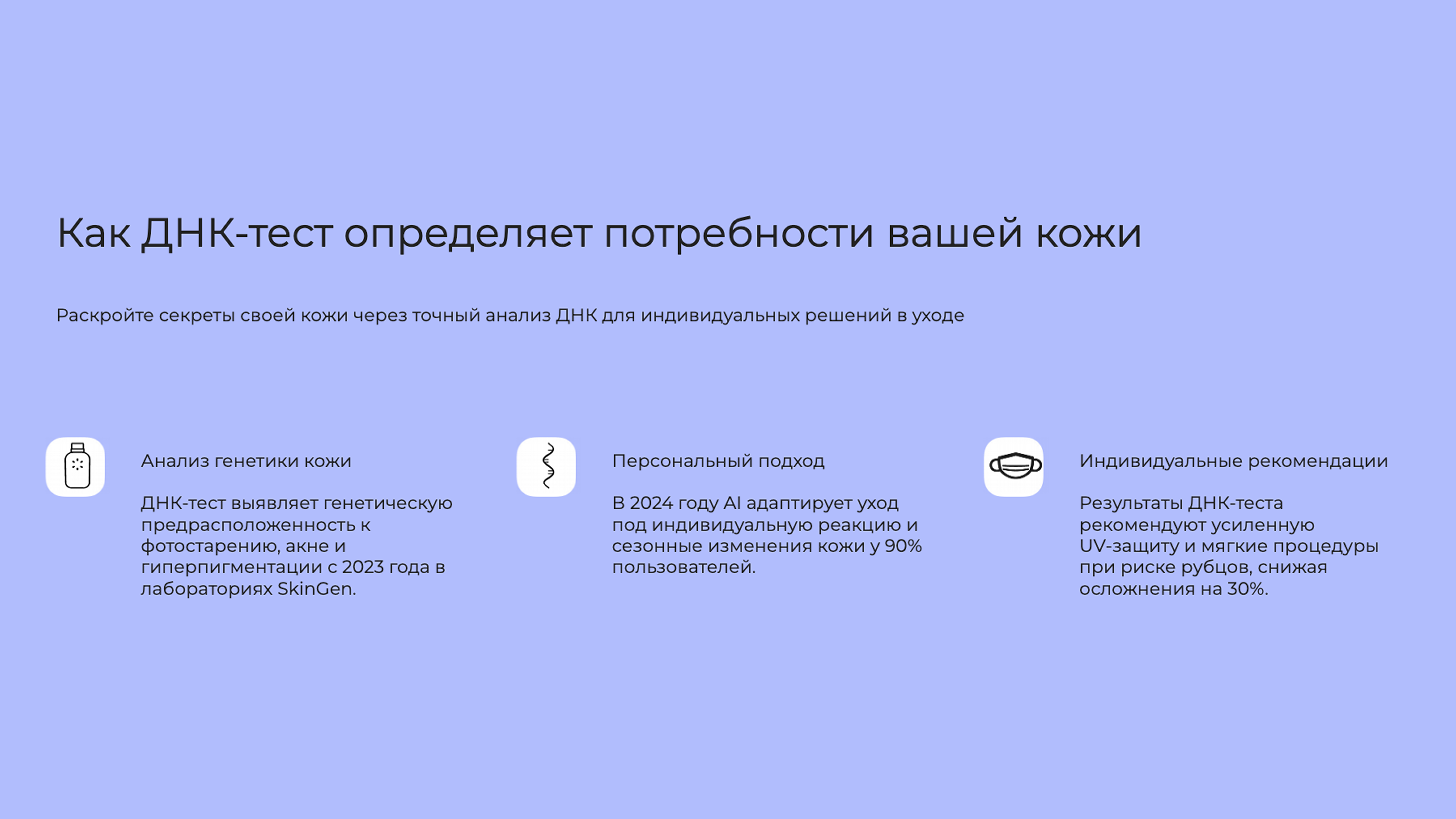 Слайд 4: Раскройте секреты своей кожи через точный анализ ДНК для индивидуальных решений в уходе