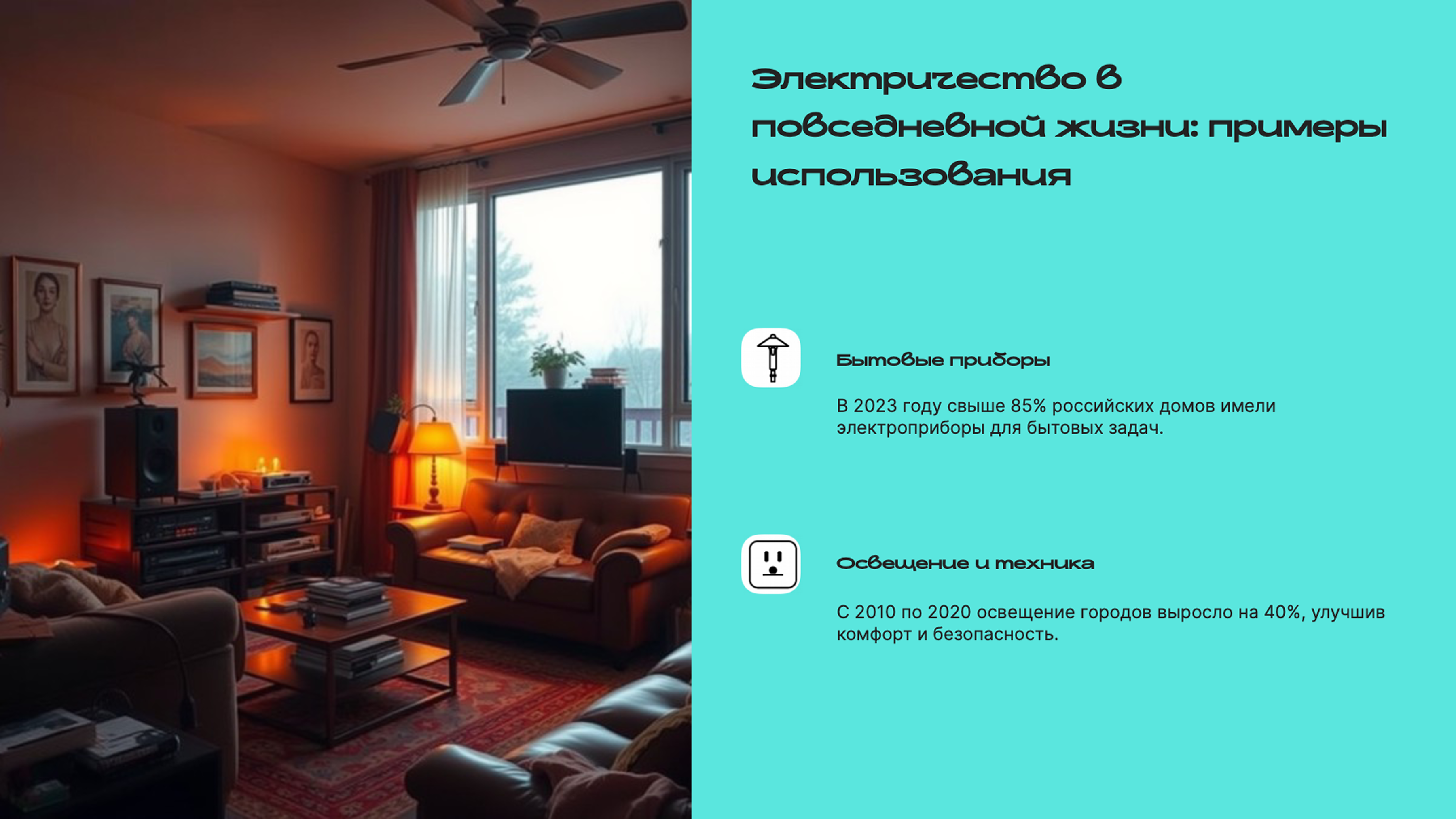 Слайд 8: Электричество в повседневной жизни: примеры использования