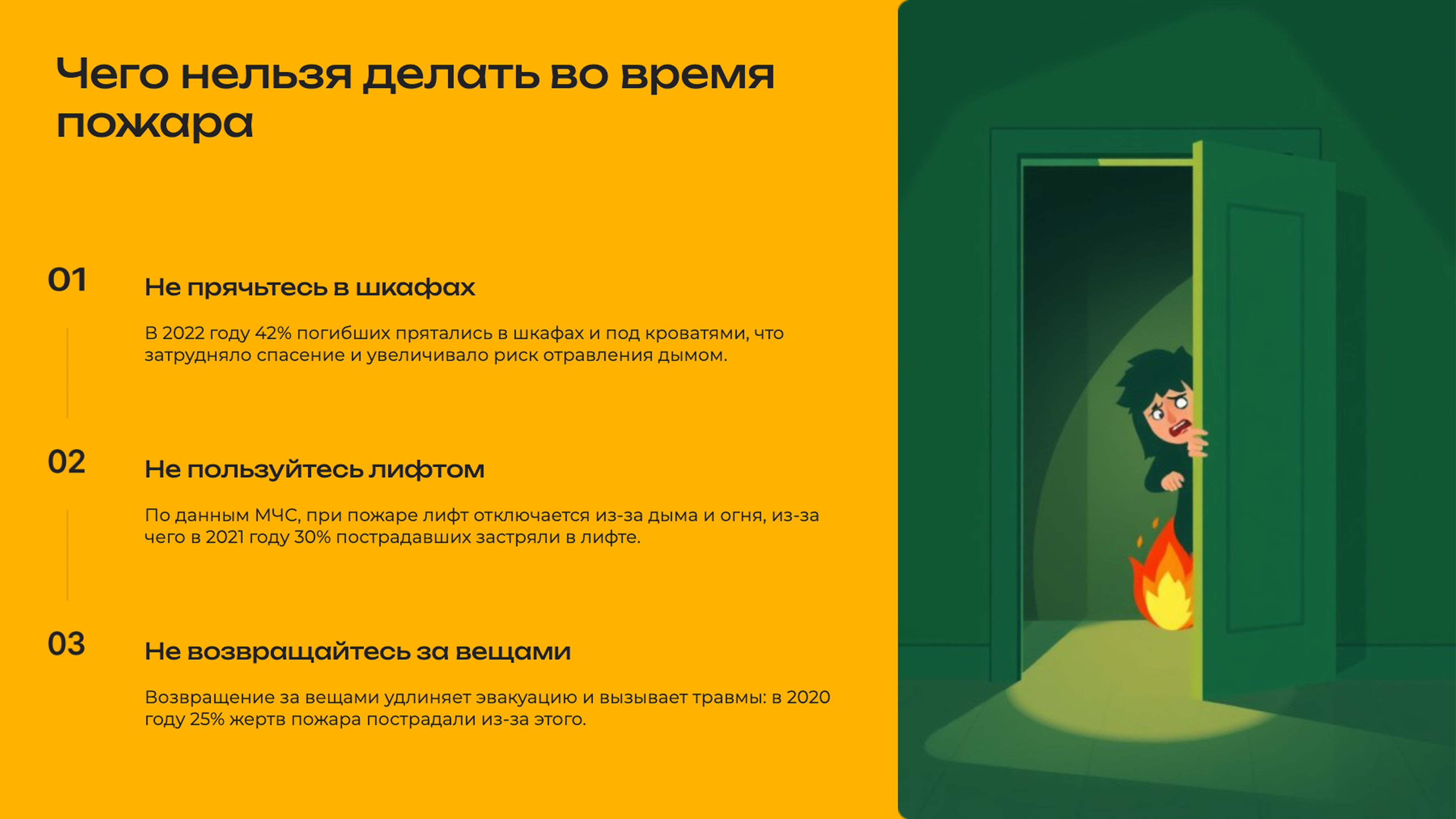 Слайд 8: Чего нельзя делать во время пожара