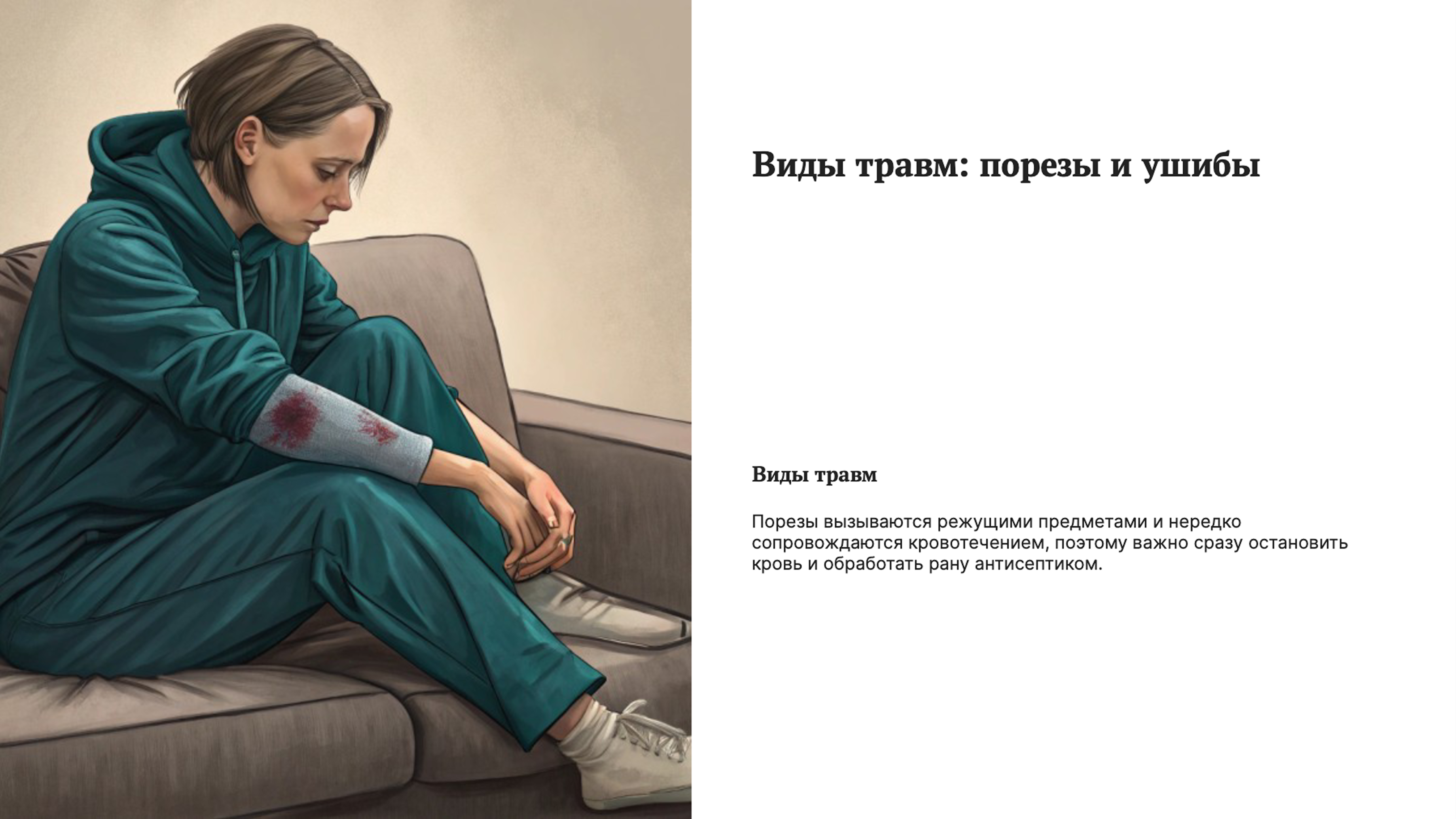 Слайд 3: Виды травм: порезы и ушибы