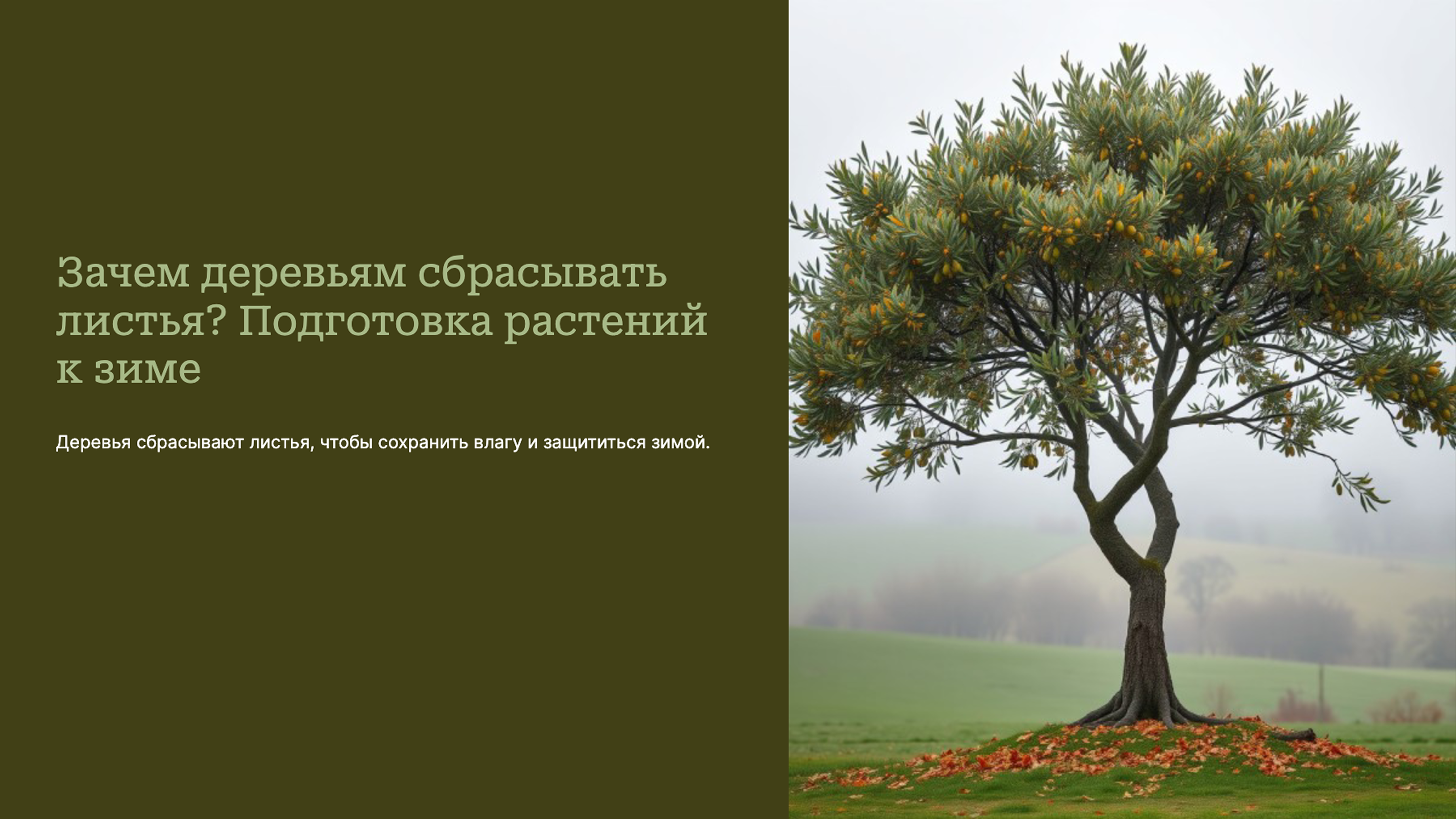 Слайд 1: Зачем деревьям сбрасывать листья? Подготовка растений к зиме