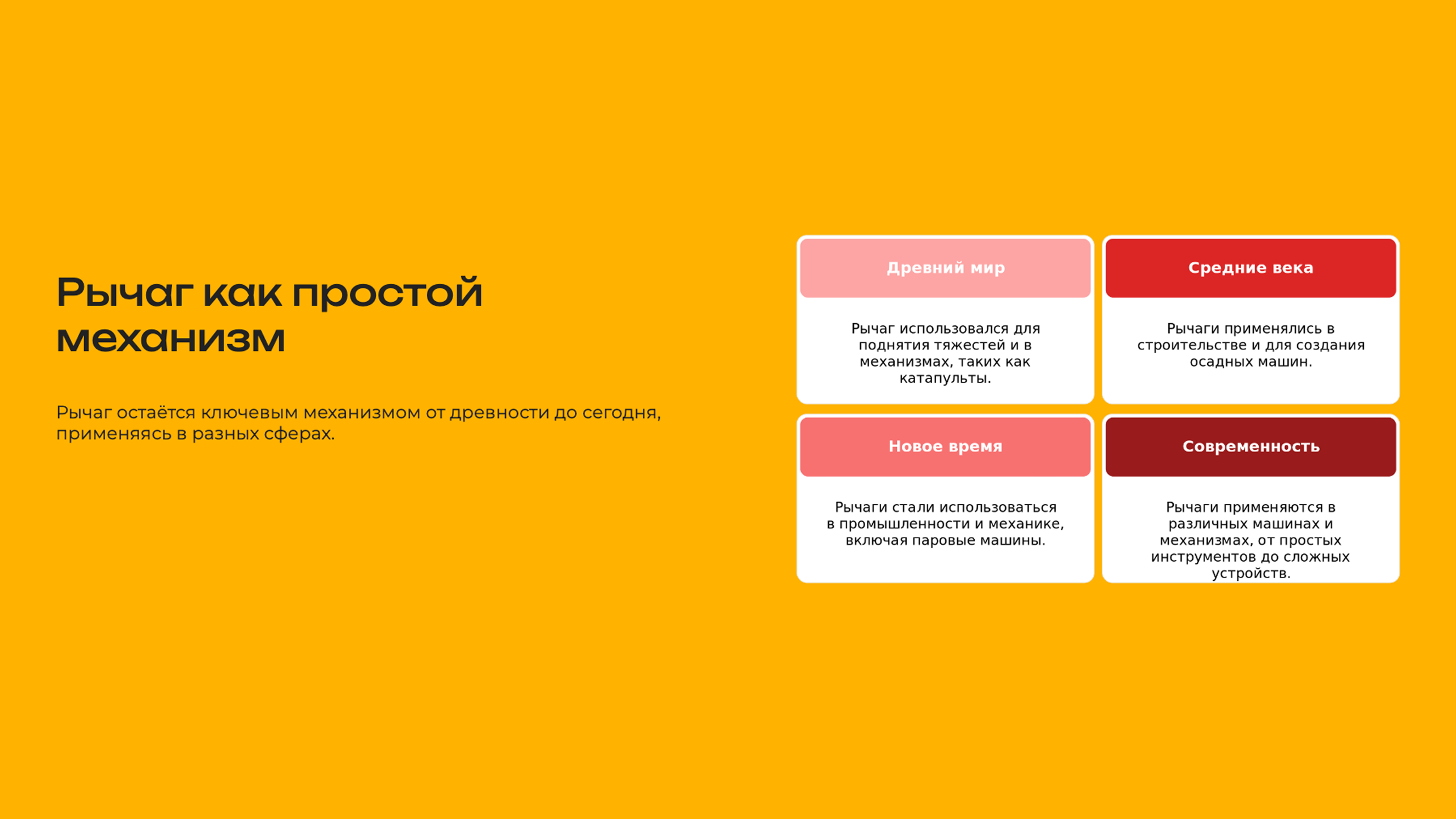 Слайд 2: Рычаг остаётся ключевым механизмом от древности до сегодня, применяясь в разных сферах.