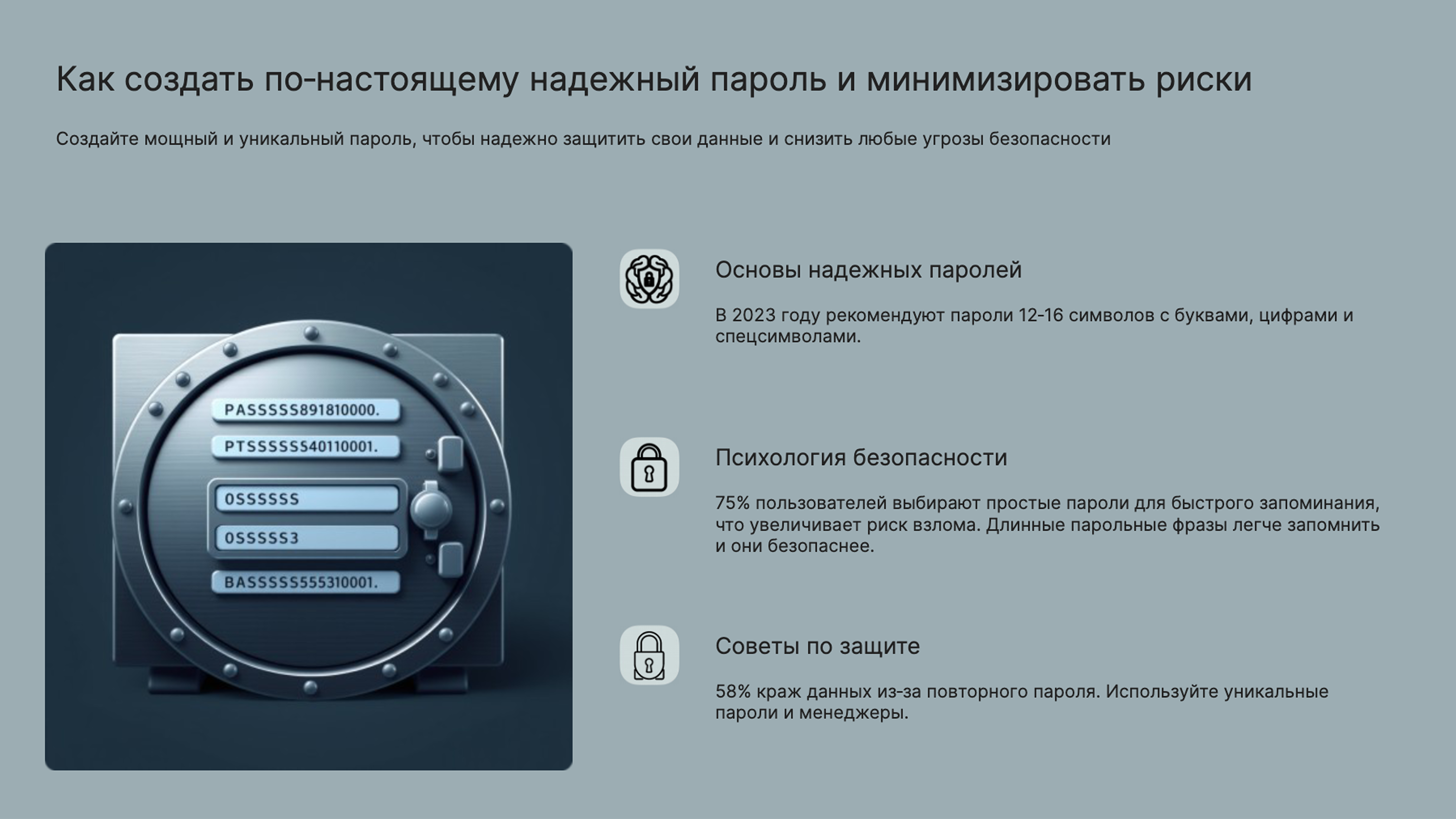Слайд 9: Создайте мощный и уникальный пароль, чтобы надежно защитить свои данные и снизить любые угрозы безопасности