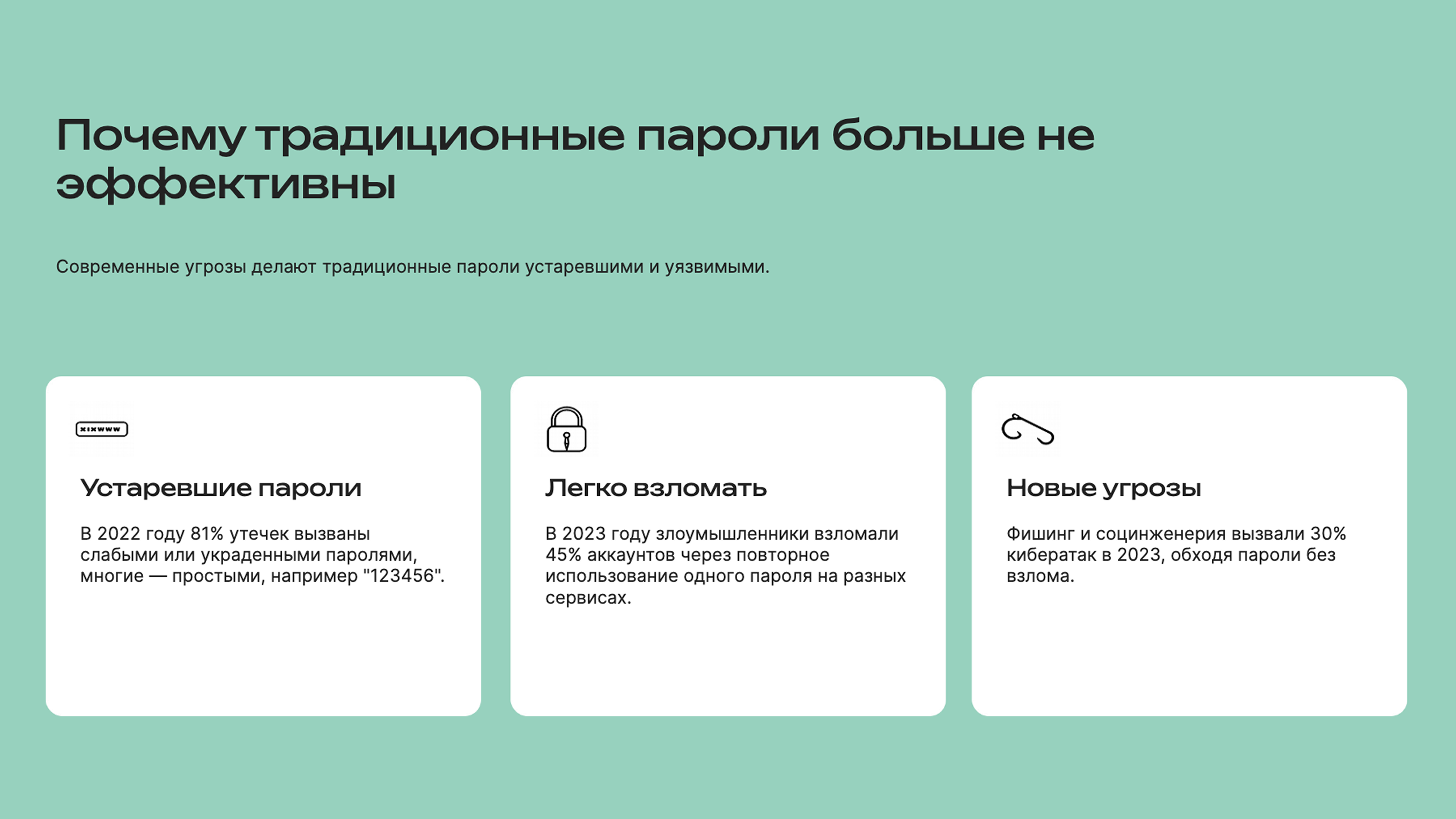 Слайд 4: Современные угрозы делают традиционные пароли устаревшими и уязвимыми.