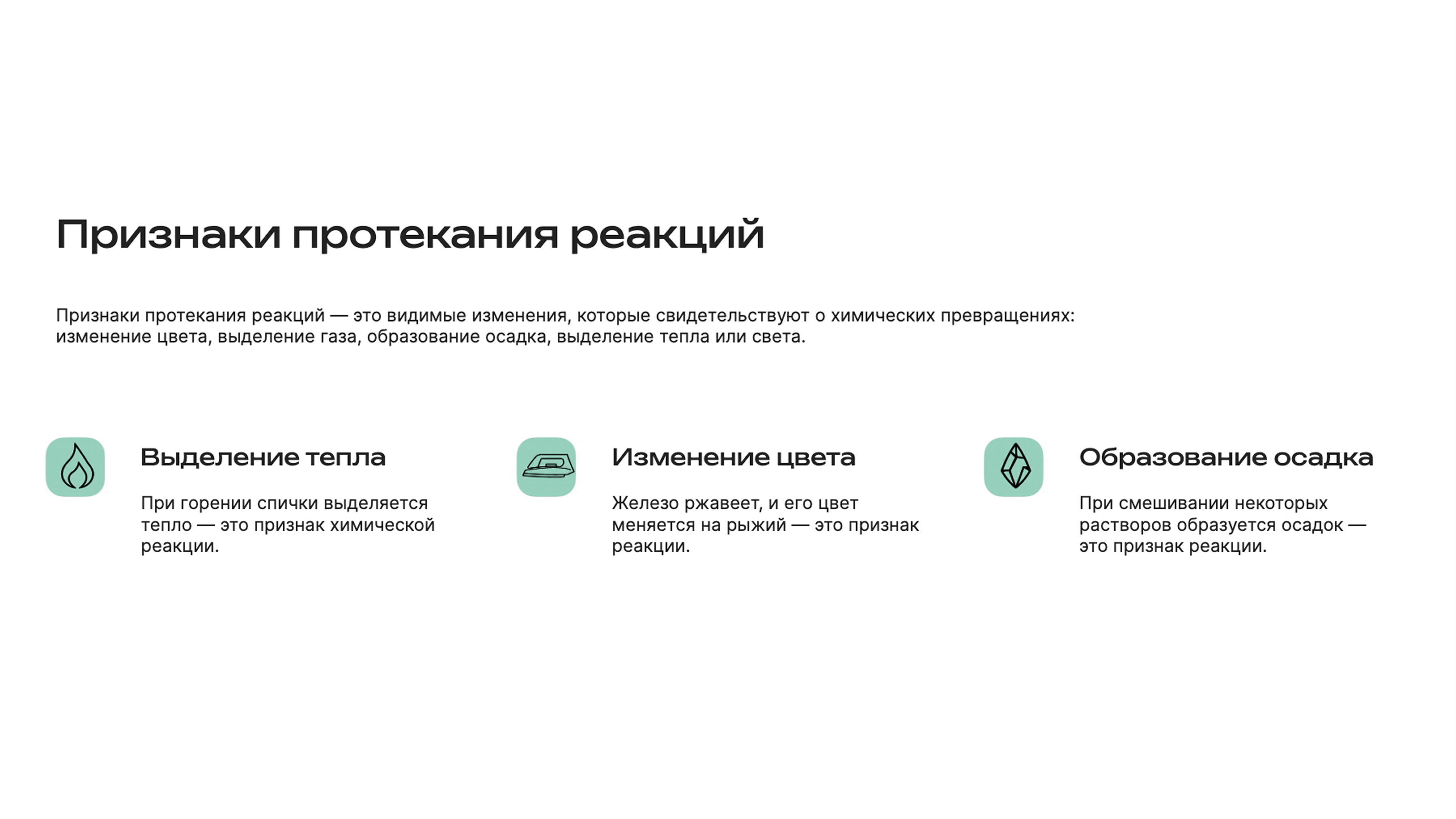 Слайд 3: Признаки реакций