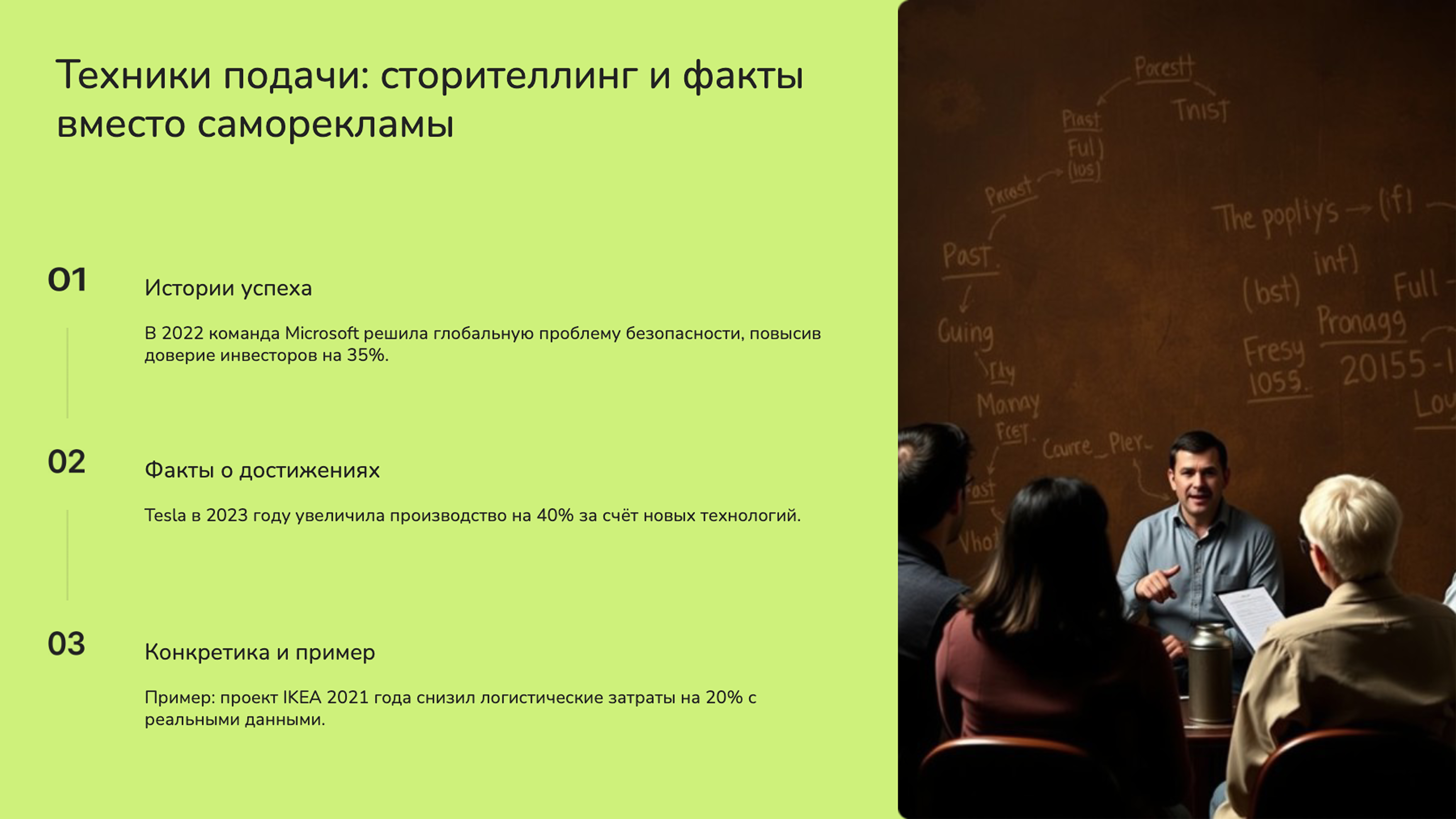 Слайд 6: Техники подачи: сторителлинг и факты вместо саморекламы
