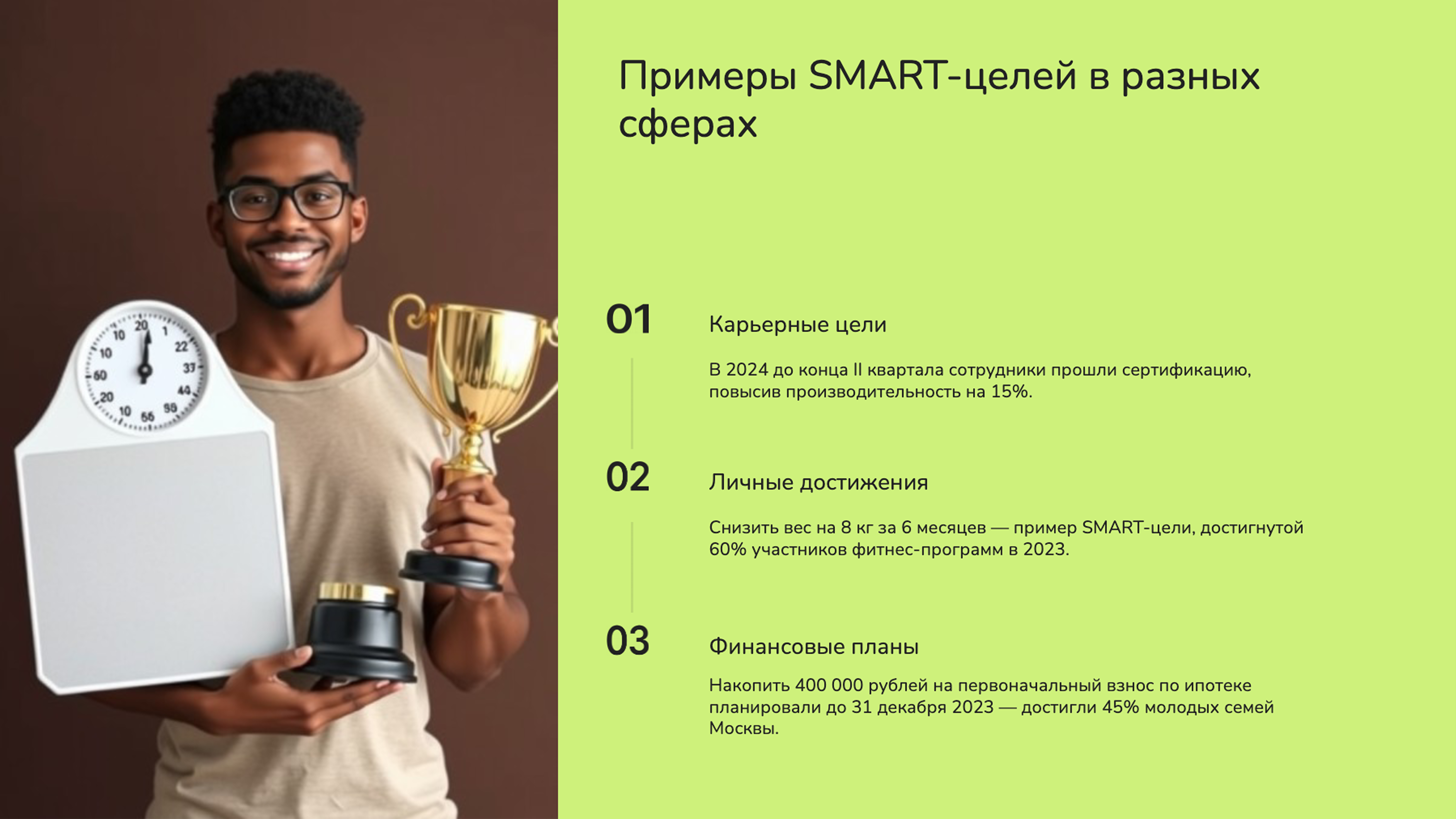 Слайд 6: Примеры SMART-целей в разных сферах