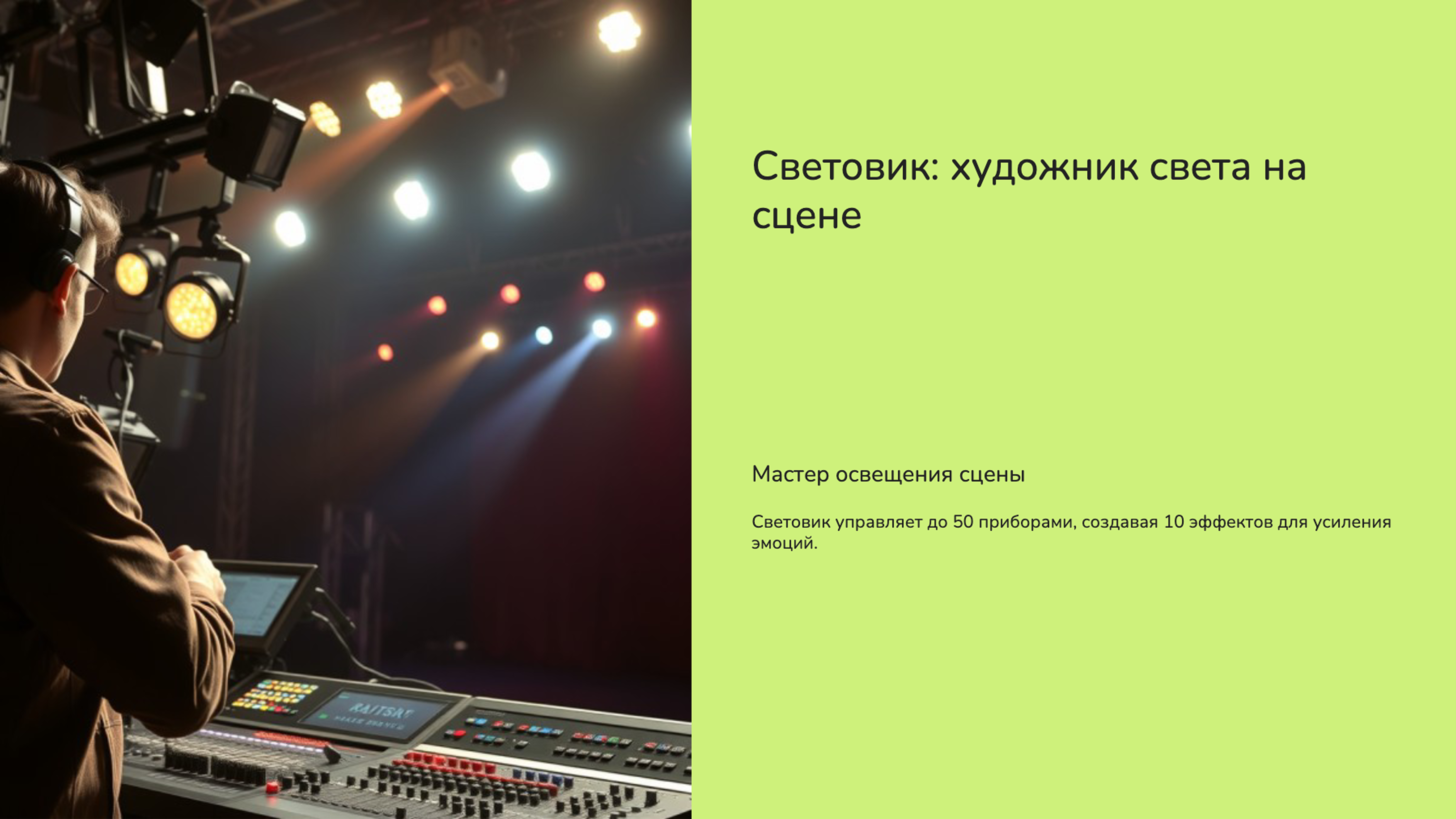 Слайд 6: Световик: художник света на сцене