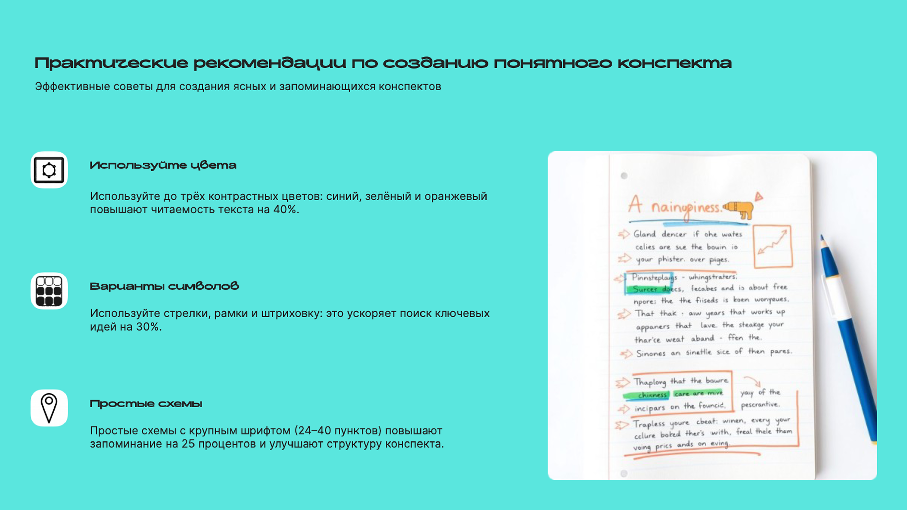 Слайд 8: Эффективные советы для создания ясных и запоминающихся конспектов